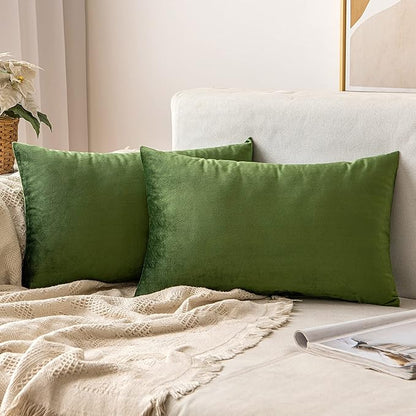 MIULEE Velvet Throw Pillow Covers 12x20 Inch, Pack of 2 - Moss Green, Soft Solid Lumbar Decorative Pillow Covers Modern Luxury Home Decor for Spring Couch Sofa Bedroom Livingroom