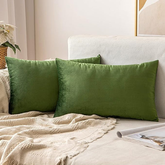 MIULEE Velvet Throw Pillow Covers 12x20 Inch, Pack of 2 - Moss Green, Soft Solid Lumbar Decorative Pillow Covers Modern Luxury Home Decor for Spring Couch Sofa Bedroom Livingroom