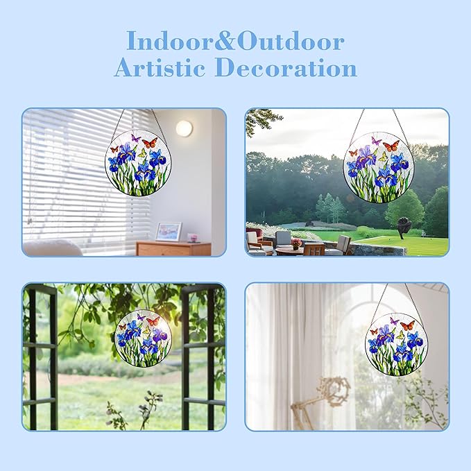 Stained Glass Window Hanging Iris Flower Suncatcher, Renyalora 10 Inch Round Glass Sun Catcher for Window Outdoor Garden Decor Butterfly Wall Art for Home, Patio, Porch Gift for Nature Lovers & Women