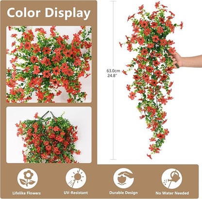 Artificial Hanging Flowers for Outdoors, 2 Pcs Fake Hanging Plant Spring Summer Decor, UV Resistant No Fade Realistic Faux Flower for Front Door Porch Planter Patio Garden Yard (Red)
