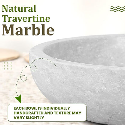 Travertine Decorative Bowl - 7.8” Diameter & 2” Height - Key Bowl for Entryway Table - Organic Modern Centerpiece - White/Gray