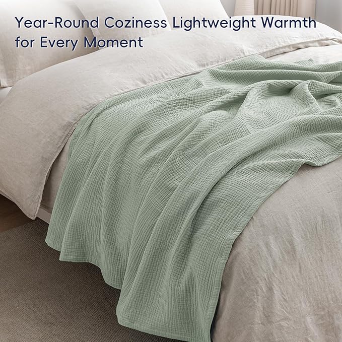 PHF 100% Cotton Muslin Throw Blanket 50" x 60", 4-Layer Lightweight Gauze Throw, Breathable Cloud-Soft Minimalist Blanket for Bed, Couch, Camping & Baby, Sage Green, Ideal Gift