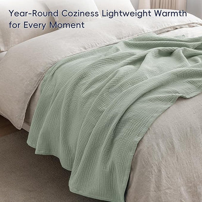 PHF 100% Cotton Muslin Throw Blanket 50" x 60", 4-Layer Lightweight Gauze Throw, Breathable Cloud-Soft Minimalist Blanket for Bed, Couch, Camping & Baby, Sage Green, Ideal Gift