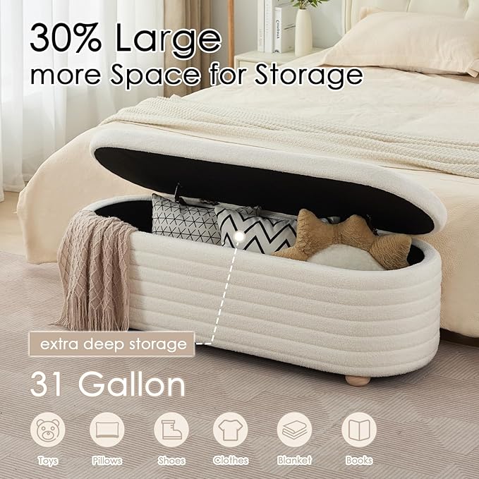 53" Storage Bench Teddy Ottoman Bench Upholstered Fabric Bench End of Bed Stool with Safety Hinge for Bedroom, Living Room, Entryway, White