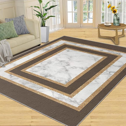 Marble Texture Area Rugs Rectangular Geometric Rug Gray White Marble Carpet Luxury Rug with Gold Accents Modern Minimalist Geometric Rugs for Bedroom Living Room 2x3ft
