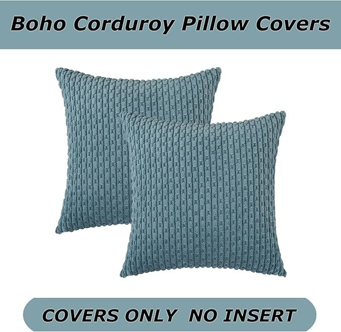 Kevin Textile Throw Pillow Covers Soft Corduroy Decorative Set of 2 Boho Striped Pillow Covers Pillowcases Farmhouse Home Decor for Couch Bed Sofa Living Room 16x16 Inch Blue Grey