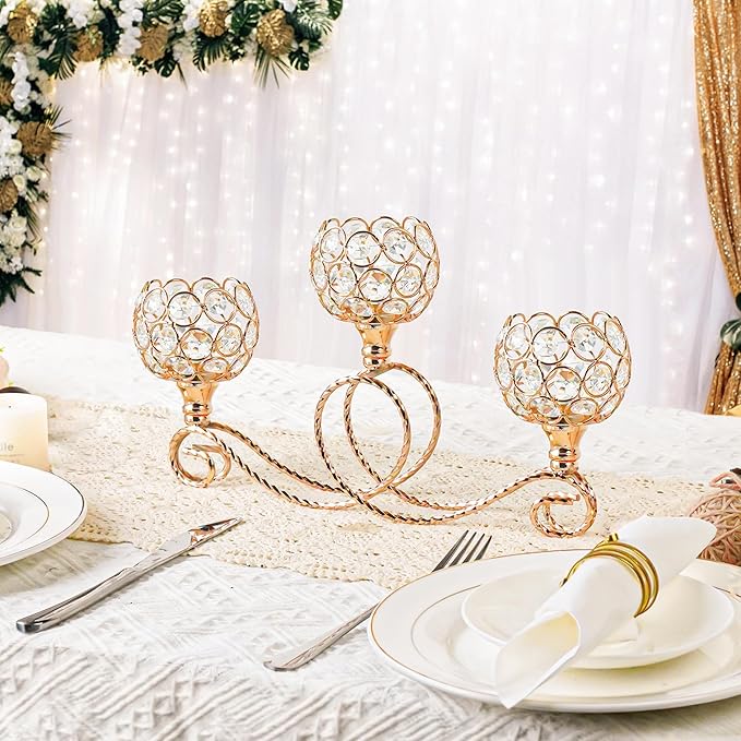 Gold 2 Pcs-3Arm Metal Crystal Tea Light Candle Holder, Elegant Wedding Table Centerpiece Candle Holder, Christmas Wishing Crystal Bowl Candle Holder Suitable for Wedding Party Living Room Decoration