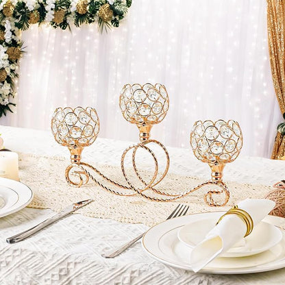 Gold 3 Arm Metal Crystal Tea Light Candle Holder, Elegant Wedding Table Centerpiece Candleholder, Christmas Wishing Crystal Bowl Candle Holder Suitable for Wedding Party Living Room Decoration
