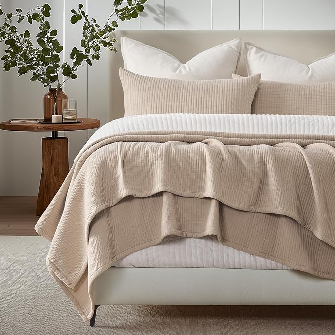 EVERGRACEHOME Cotton Gauze Full Queen Bedspread, Ultra Soft Prewashed Pick Stitch Matelassé Coverlet, Lightweight Textured Oversized Queen Quilt Bedding Set for All Season, with 2 Shams, Tan