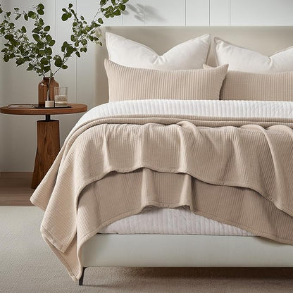 EVERGRACEHOME Cotton Gauze Full Queen Bedspread, Ultra Soft Prewashed Pick Stitch Matelassé Coverlet, Lightweight Textured Oversized Queen Quilt Bedding Set for All Season, with 2 Shams, Tan