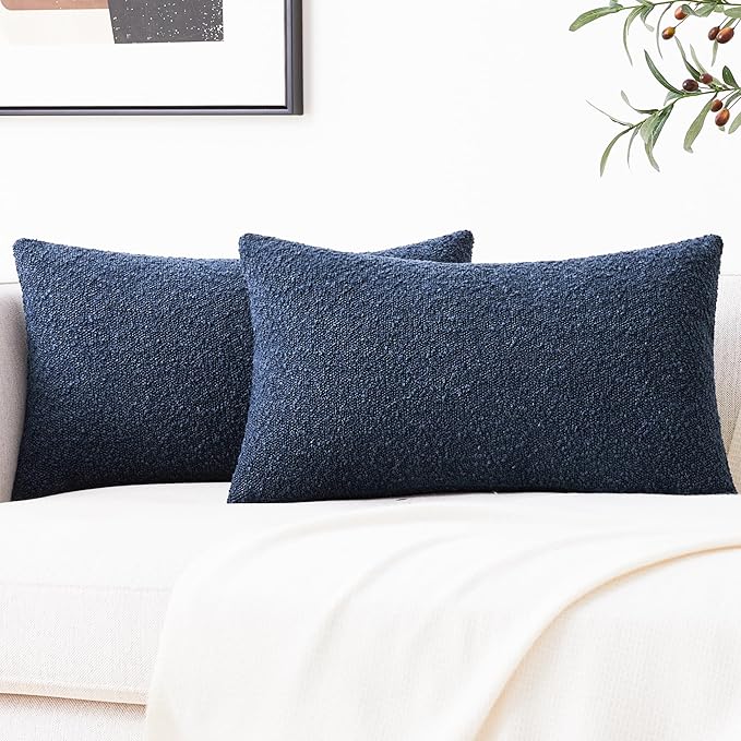 Mixhug Decorative Boucle Throw Pillow Covers, Midnight Blue, 12 x 20 Inches, Pack of 2 - Textured Boho Pillow Covers for Couch and Bed
