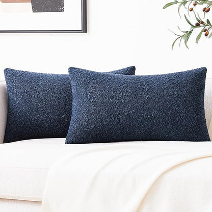 Mixhug Decorative Boucle Throw Pillow Covers, Midnight Blue, 12 x 20 Inches, Pack of 2 - Textured Boho Pillow Covers for Couch and Bed