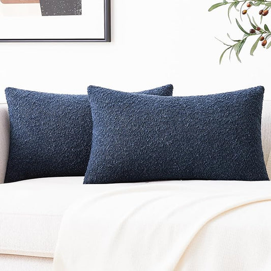 Mixhug Decorative Boucle Throw Pillow Covers, Midnight Blue, 12 x 20 Inches, Pack of 2 - Textured Boho Pillow Covers for Couch and Bed