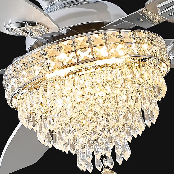 Crystal Ceiling Fan Fandelier with Lights-Ceiling Fans,50" Low Profile and Remote Control, Flush Mount, Reversible, Dimmable, Noiseless,Ceiling Fan for Bedroom（Chrome）