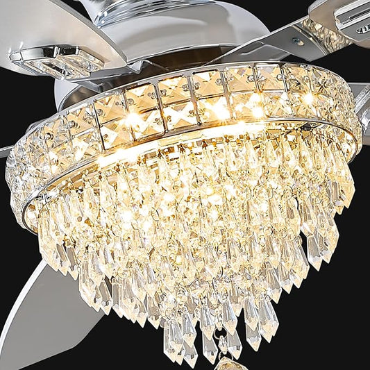Crystal Ceiling Fan Fandelier with Lights-Ceiling Fans,50" Low Profile and Remote Control, Flush Mount, Reversible, Dimmable, Noiseless,Ceiling Fan for Bedroom（Chrome）