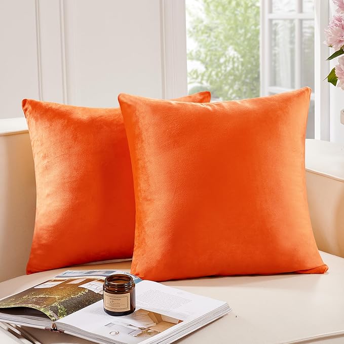 Deconovo Decorative Velvet Throw Pillow Covers for Sofa Couch 20x20 in, Fall Soft Square Cushion Cases for Living Room Decor Bedroom, Set of 2, Orange