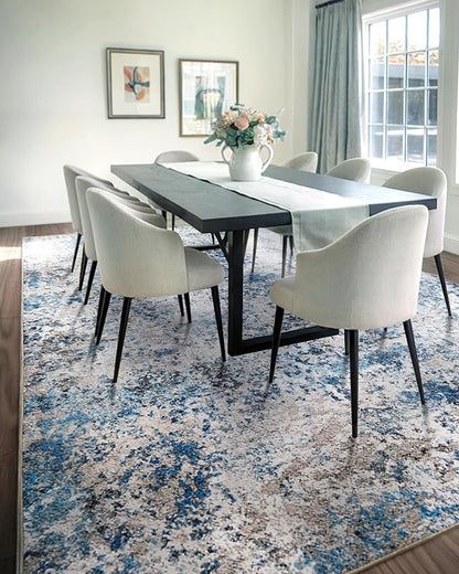 Area Rug for Living Room: 10x14 Washable Neutral Abstract Rug for Bedroom Modern Soft Dining Room Rug No Slip Low Pile Carpet for Nursery Home Office Decor - Grey/Blue