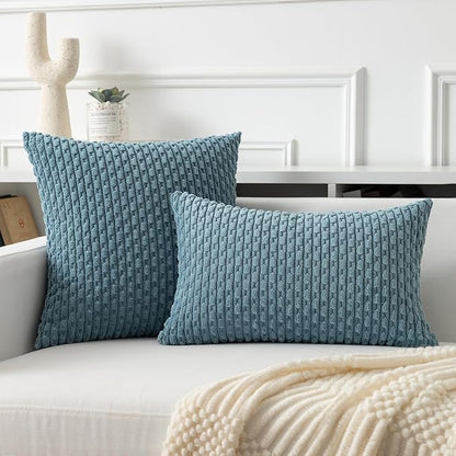 Kevin Textile Throw Pillow Covers Soft Corduroy Decorative Set of 2 Boho Striped Pillow Covers Pillowcases Farmhouse Home Decor for Couch Bed Sofa Living Room 18x18 Inch Blue Grey