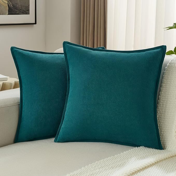 FUTEI Teal Chenille Throw Pillow Covers 20x20 Inch Set of 2,Edges Double-Stitched Cushion Cases,Modern Home Decor for Couch Living Room