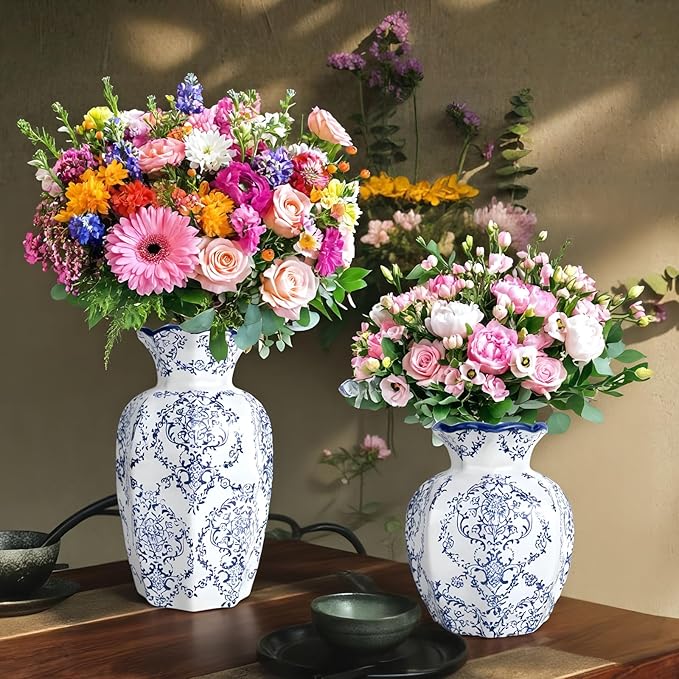 Chinoiserie Vase,9.5 inch Blue and White Vase,Vintage Ceramic Vases,Flower Vase for Centerpiece,Chinese Cute Vases for Living Room, Office,Home Decor (Blue White, Large)