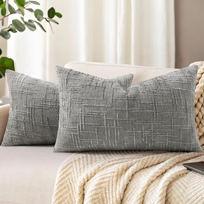 decorUhome Neutral Grey Chenille Throw Pillow Covers 12x20 Set of 2 Textured Slubby Couch Pillow Covers Farmhouse Accent Modern Neutral Decorative Pillow Cases for Bed Sofa Living Room