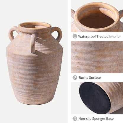 Vintage Terracotta Ceramic Vase with Handles, Rustic Beige Pottery Tulip Vase for Cottage Core Home Mantle Decor, Farmhouse Table Centerpieces, Large Bulk Flower Vases Jarrones Decorativos para Sala