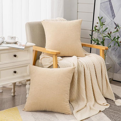 GAWAMAY Decorative Square Throw Pillow Covers 22"x22" Inch Set of 2, Super Soft Chenille Pillows Farmhouse Fall Pillowcase for Living Room Bedroom Sofa Couch Cushion Cover Beige 55x55cm (No Insert)