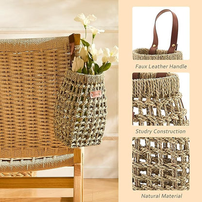 Woven Front Door Basket Water Hyacinth Wall Hanging Basket Decorative Boho Mounted Organizer for Dried Flower Plants Storage Basket for Garden, Home, and Farmhouse Décor (C_Seagrass)