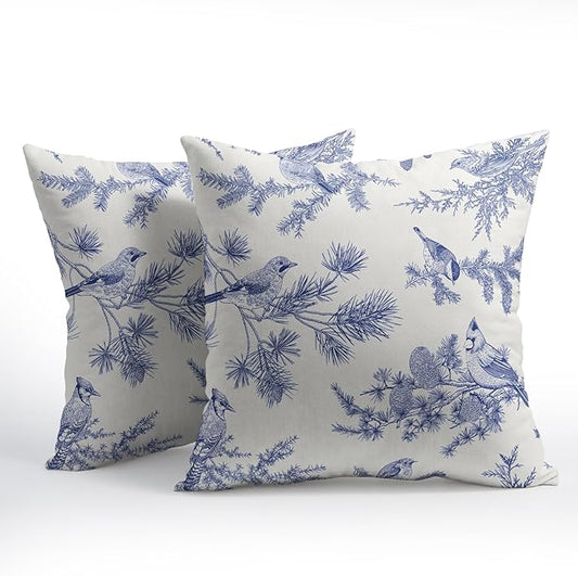 White Blue Bird Pillow Covers 18x18 Set of 2 Decorations Chinoiserie Vintage Throw Pillow Covers Decor Rustic Pillowcases Oriental Pattern Farmhouse Cozy Soft for Sofa Bed Chair Home Decorative