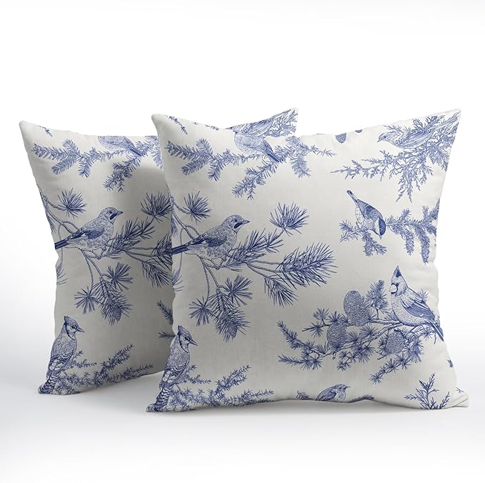 White Blue Bird Pillow Covers 20x20 Set of 2 Decorations Chinoiserie Vintage Throw Pillow Covers Decor Rustic Pillowcases Oriental Pattern Farmhouse Cozy Soft for Sofa Bed Chair Home Decorative
