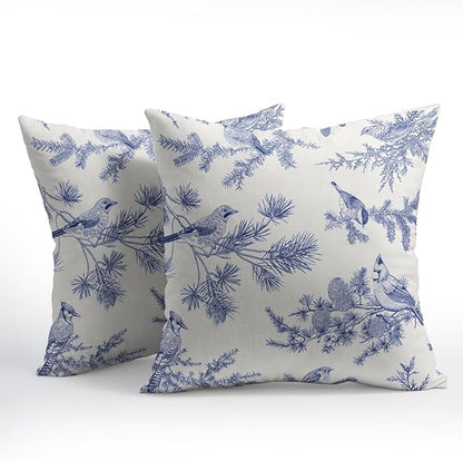 White Blue Bird Pillow Covers 16x16 Set of 2 Decorations Chinoiserie Vintage Throw Pillow Covers Decor Rustic Pillowcases Oriental Pattern Farmhouse Cozy Soft for Sofa Bed Chair Home Decorative