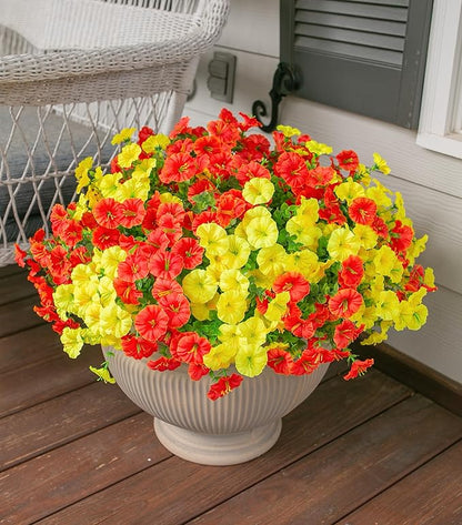 HyeFlora Artificial Flowers for Outdoors Fake Plants Outside Decoration, 12 Bundles Silk Colorful Morning Glory with Eucalyptus UV Resistant Realistic Faux Flowers for Planter Porch Patio Yard Garden