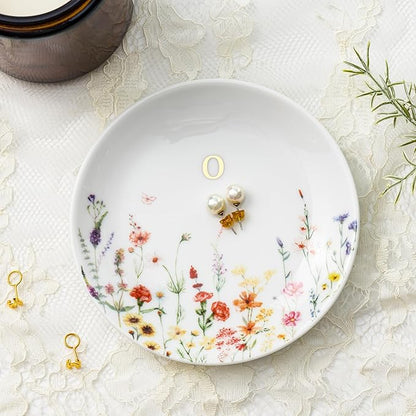 Crisky Initial Jewelry Tray Ring Dish & Gift Box, Ceramic Flower Trinket Dish for Rings Earrings Necklaces Keys, Bridal Shower Engagement Birthday Gift for Women, Friends 4.57" (Gold Foil O