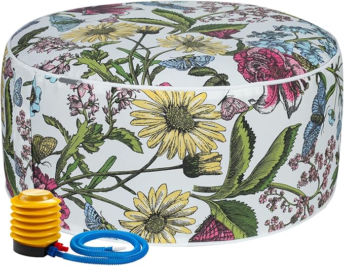 Inflatable Outdoor Ottoman with Air Pump,20"x9" Portable Patio Pouf,Water Resistant,Fade-Resistant,Round Blow Up Footrest Stools for Home Garden Camping Travel(Butterfly Flower)