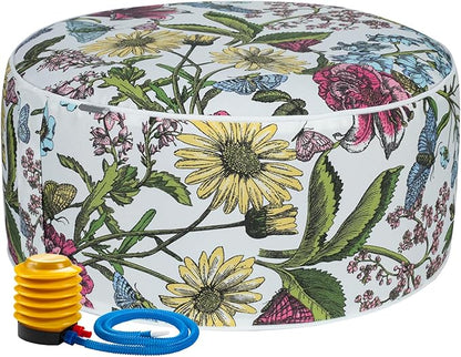 Inflatable Outdoor Ottoman with Air Pump,20"x9" Portable Patio Pouf,Water Resistant,Fade-Resistant,Round Blow Up Footrest Stools for Home Garden Camping Travel(Butterfly Flower)