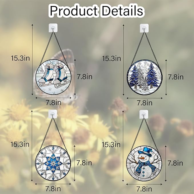 DASTOLL Stained Glass Window Hanging 4 Pcs Set White Winter Christmas Snow Scene 7.8" - Suncatcher Door Garden Sun Catcher Decor Birthday for Mom Woman Nana Men Friend Wife