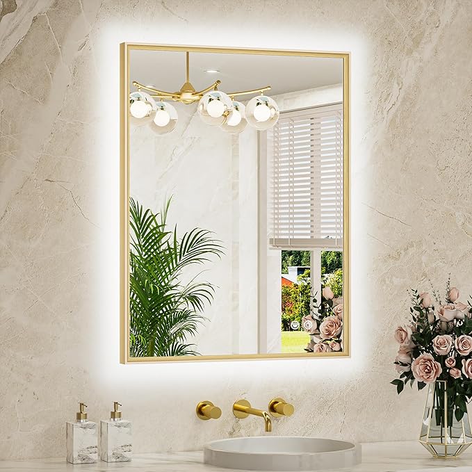 TETOTE 24 x 32 Backlit Bathroom Mirror Brushed Gold Metal Frame LED Light Vanity 3-Color White/Warm/Natural Stepless Dimmable Anti-Fog Backlight Mirror Wall-Mounted
