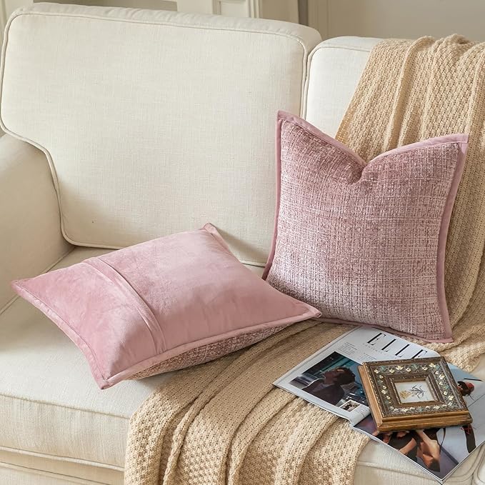 Yaertun Pack of 2 Chenille Textured Decorative Throw Pillow Covers Accent Solid Cushion Cover Soft Cozy Pillow Case with Velvet Back for Couch Sofa Bed Living Room 26x26 Inch Dusty Pink