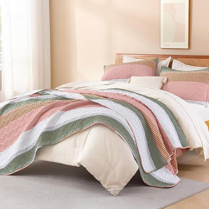 Litanika California King Quilt Set Pink, Green and White, Orange Stripe Patchwork Summer Bedspread Coverlet, Soft Lightweight Microfiber Quilt Bedding Set for All Season(1 Quilt, 2 Pillowcases)