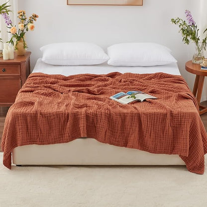 Love's cabin 6 Layer 100% Cotton Muslin Blanket, 108"x90" Muslin King Size Blanket for Bed Couch, Lightweight and Breathable Cotton Gauze for Adult, Orange
