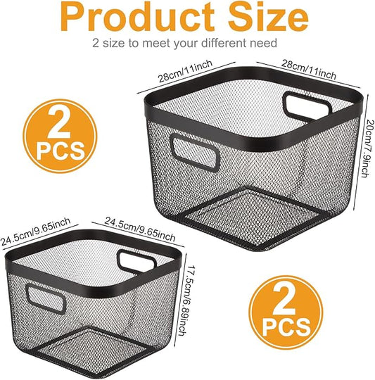 4 Pack Metal Mesh Basket with Hollow Handles Black Wire Storage Bin for Organizing Stackable Metal Fine Mesh Basket for Pantry Bathroom Kitchen Cabinets Shelves (Medium and Large)