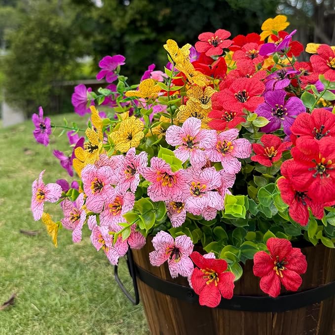 12 Bundles Artificial Flowers for Outdoor,No Fade UV Resistant Fake Flowers,4 Color Faux Plants for Outside Hanging Planters,Artificial Plants for Indoor Porch Garden Home Wedding Decor