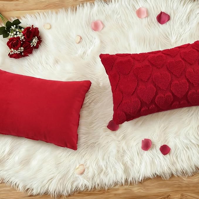 decorUhome Valentine’s Day Soft Plush Throw Pillow Covers 12x20 Inch Set of 2, Faux Fur Red Heart Decoration Neutral Lumbar Pillow Covers for Couch Sofa Bed Cozy Farmhouse Holiday Decor