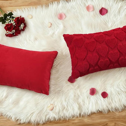 decorUhome Valentine’s Day Soft Plush Throw Pillow Covers 12x20 Inch Set of 2, Faux Fur Red Heart Decoration Neutral Lumbar Pillow Covers for Couch Sofa Bed Cozy Farmhouse Holiday Decor