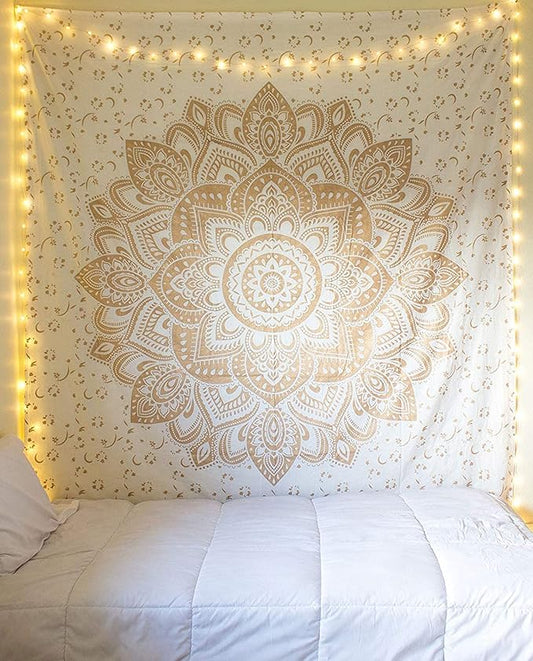 raajsee Metallic Gold Tapestry Mandala Wall Hangings, Indian Cotton Beach Throw Blanket, Hippie Tapestries Boho Decor,Twin Bedspread Yoga Meditation Mat Rugs 52 x 60 Inches