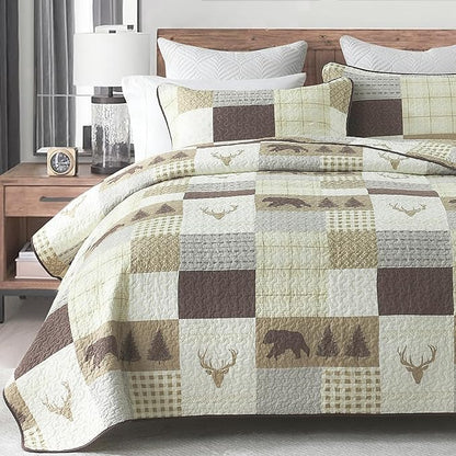 Quilts Queen Size, Quilt Bedding Set Bedspread, 100% Cotton Farmhouse Rustic for Bed, Reversible Lightweight Comforter Bed Spread with Wildlife Patterns, Cream/Brown/Gray, Queen(90/''x98/'')