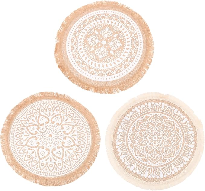 Tassel Mandala Round Placemats Set 3Pcs, Jute Fabric Woven Dining Table Placemats, Heat Resistant Macrame Place Mats for Farmhouse Kitchen and Indoor Table Decor