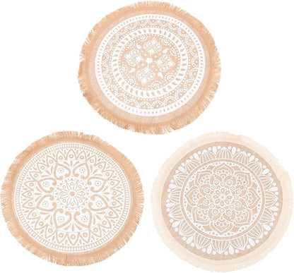 Tassel Mandala Round Placemats Set 3Pcs, Jute Fabric Woven Dining Table Placemats, Heat Resistant Macrame Place Mats for Farmhouse Kitchen and Indoor Table Decor