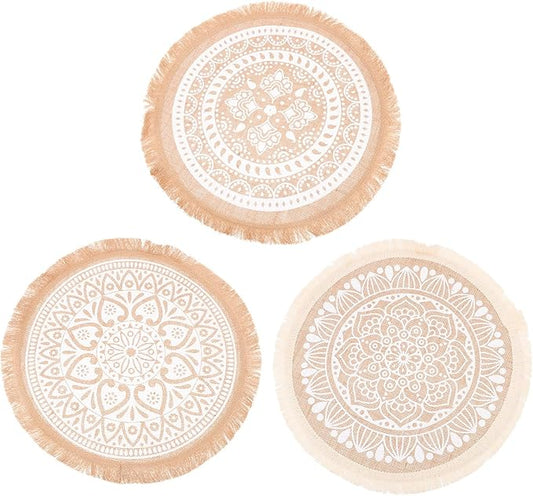 Tassel Mandala Round Placemats Set 3Pcs, Jute Fabric Woven Dining Table Placemats, Heat Resistant Macrame Place Mats for Farmhouse Kitchen and Indoor Table Decor