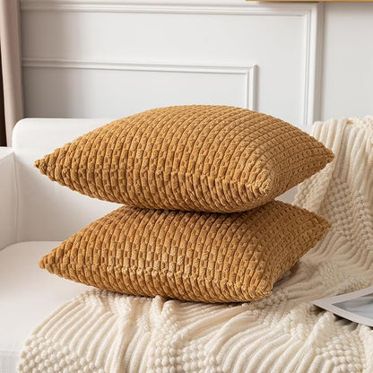 Kevin Textile Throw Pillow Covers Soft Corduroy Decorative Set of 2 Boho Striped Pillow Covers Pillowcases Farmhouse Home Decor for Couch Bed Sofa Living Room 22x22 Inch Gold